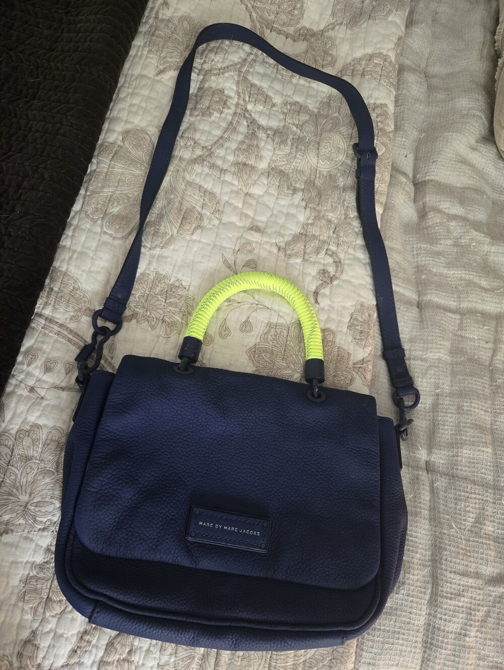 Marc by Marc Jacobs Too Hot To Handle Navy Neon Yellow Leather Crossbody Satchel
